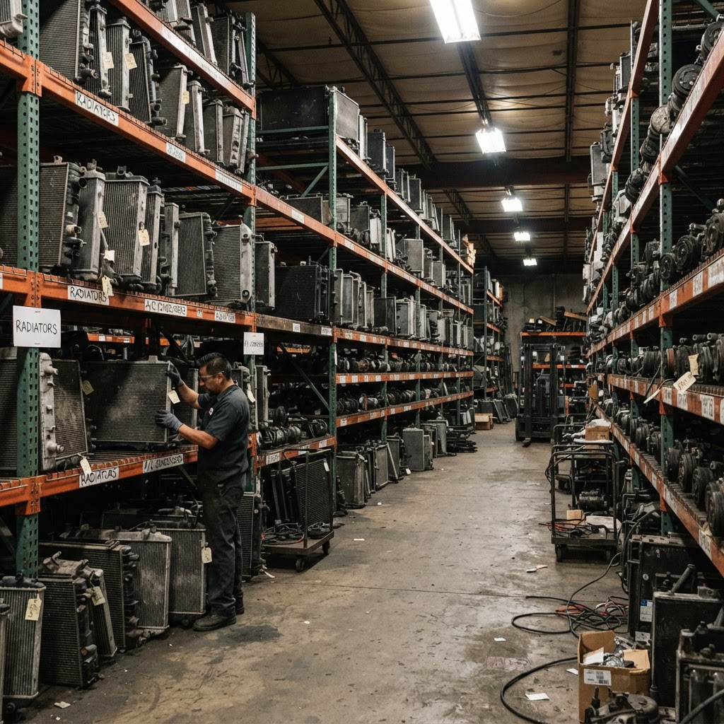 Rows of used radiators, condensers, and A/C compressors on shelving in a Used Auto Nation warehouse