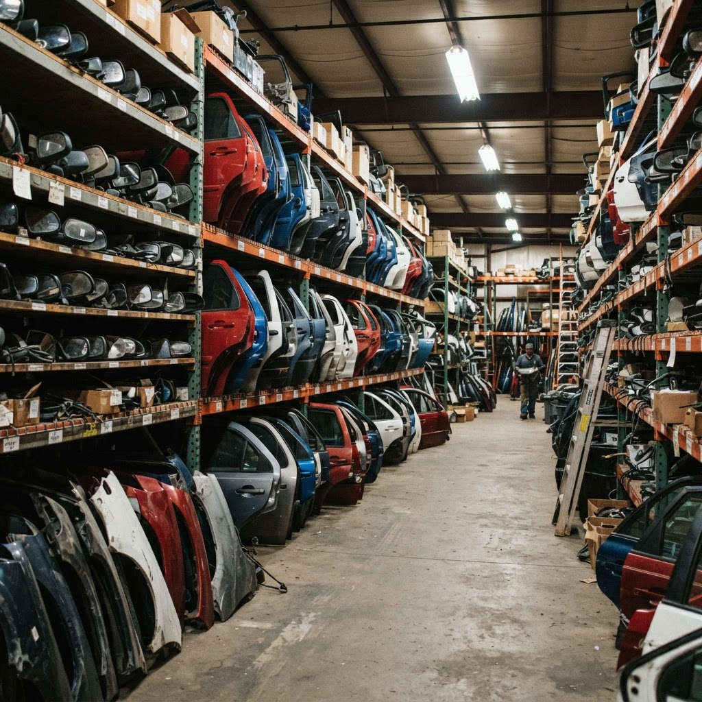 Rows of used car doors and mirrors on shelving in a Used Auto Nation warehouse