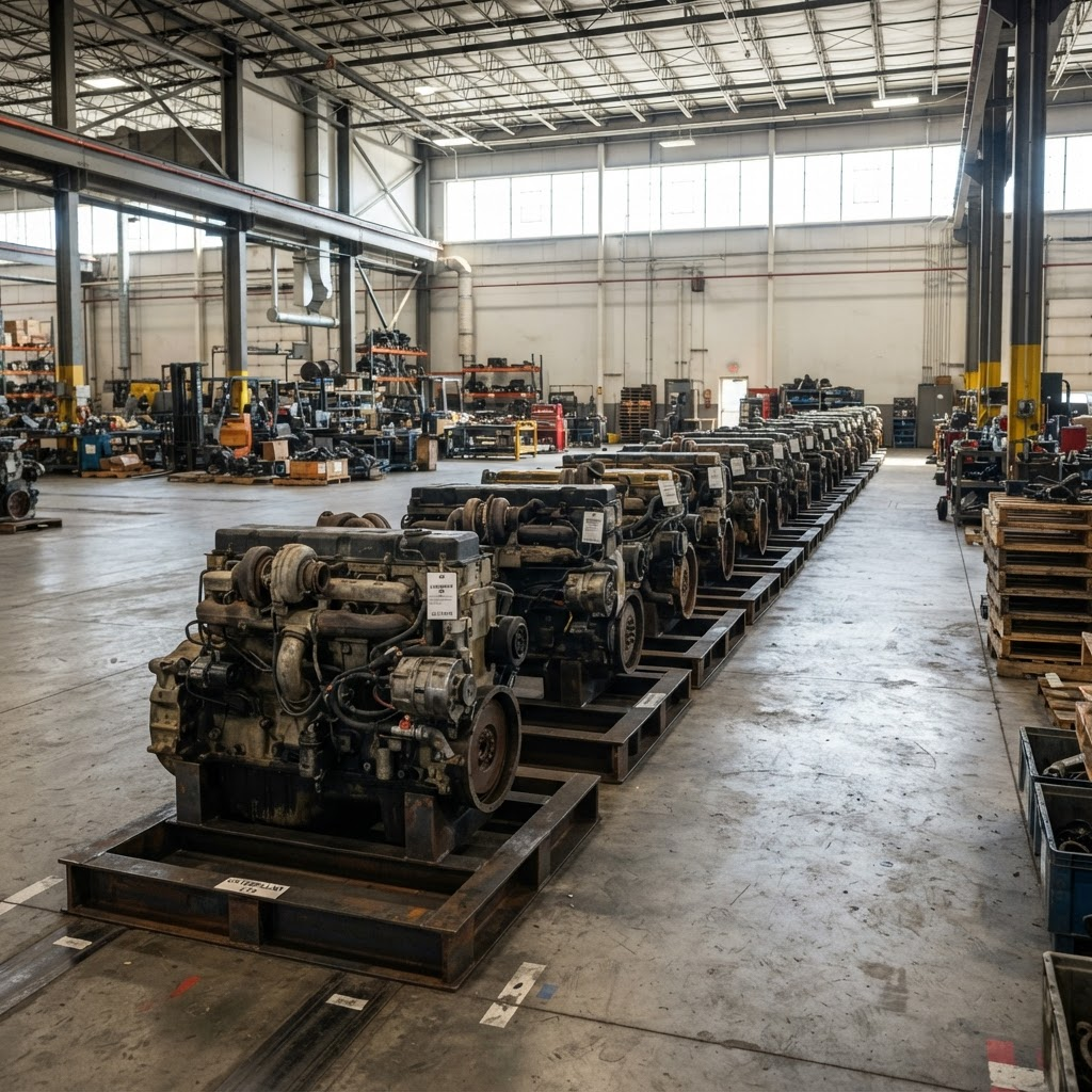 Rows of used heavy-duty diesel engines on pallets in a Used Auto Nation warehouse