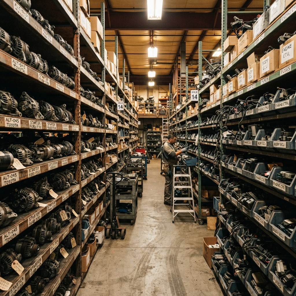Rows of used alternators, starters, and electrical modules on shelving in a Used Auto Nation warehouse