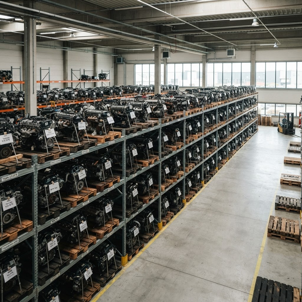 Rows of used car engines on shelving in a Used Auto Nation warehouse