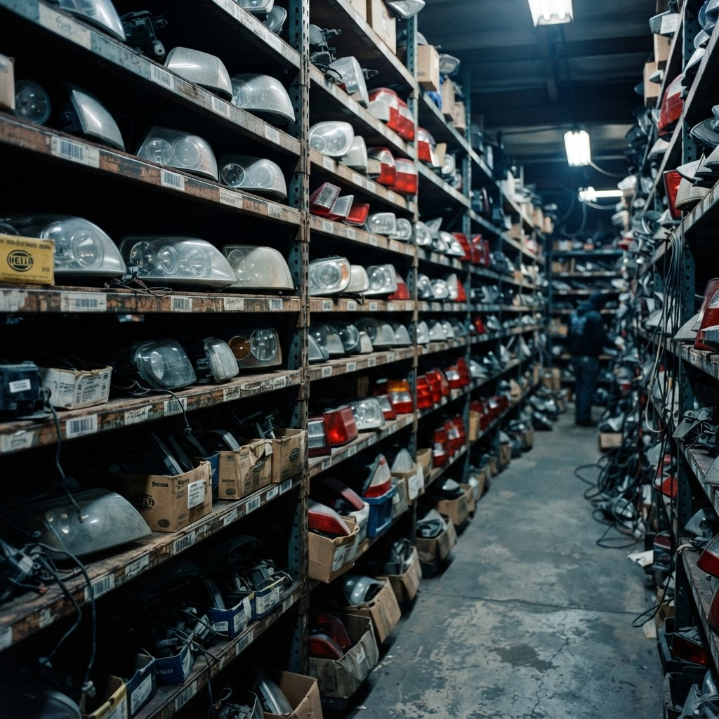 Rows of used headlight and taillight assemblies on shelving in a Used Auto Nation warehouse