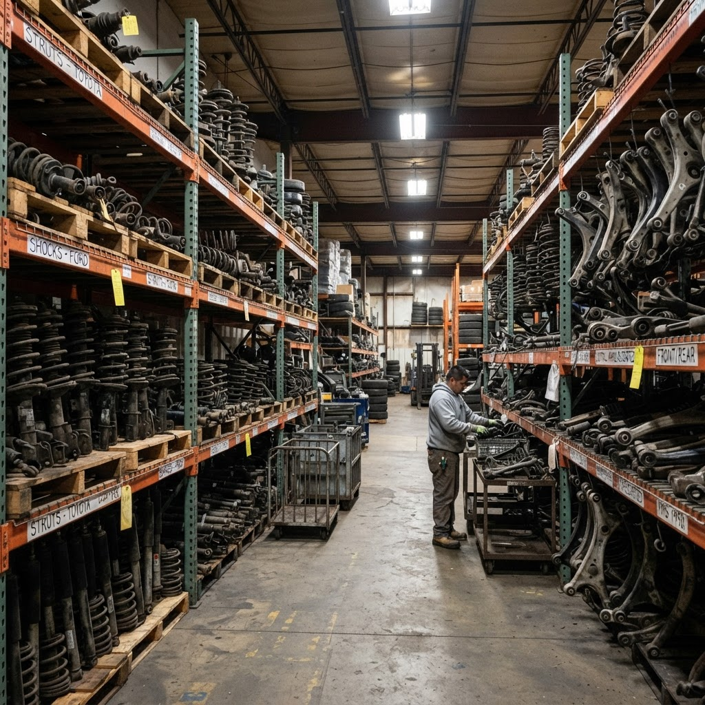 Rows of used struts, shocks, and control arms on shelving in a Used Auto Nation warehouse