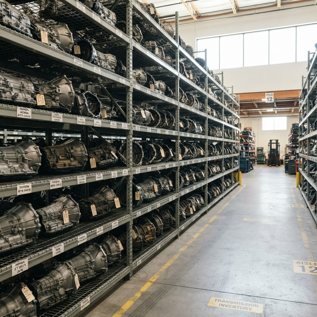 Rows of used car transmissions on shelving in a Used Auto Nation warehouse