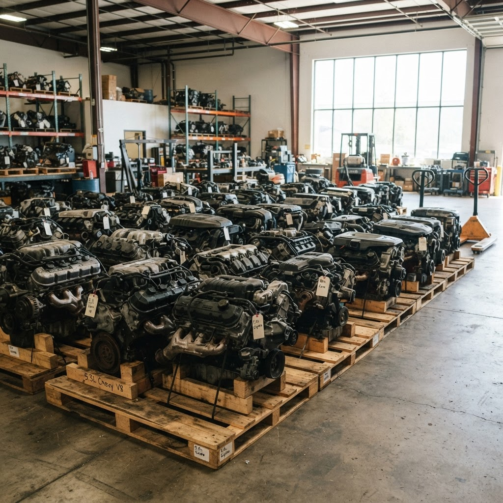 Rows of used pickup truck engines on pallets in a Used Auto Nation warehouse