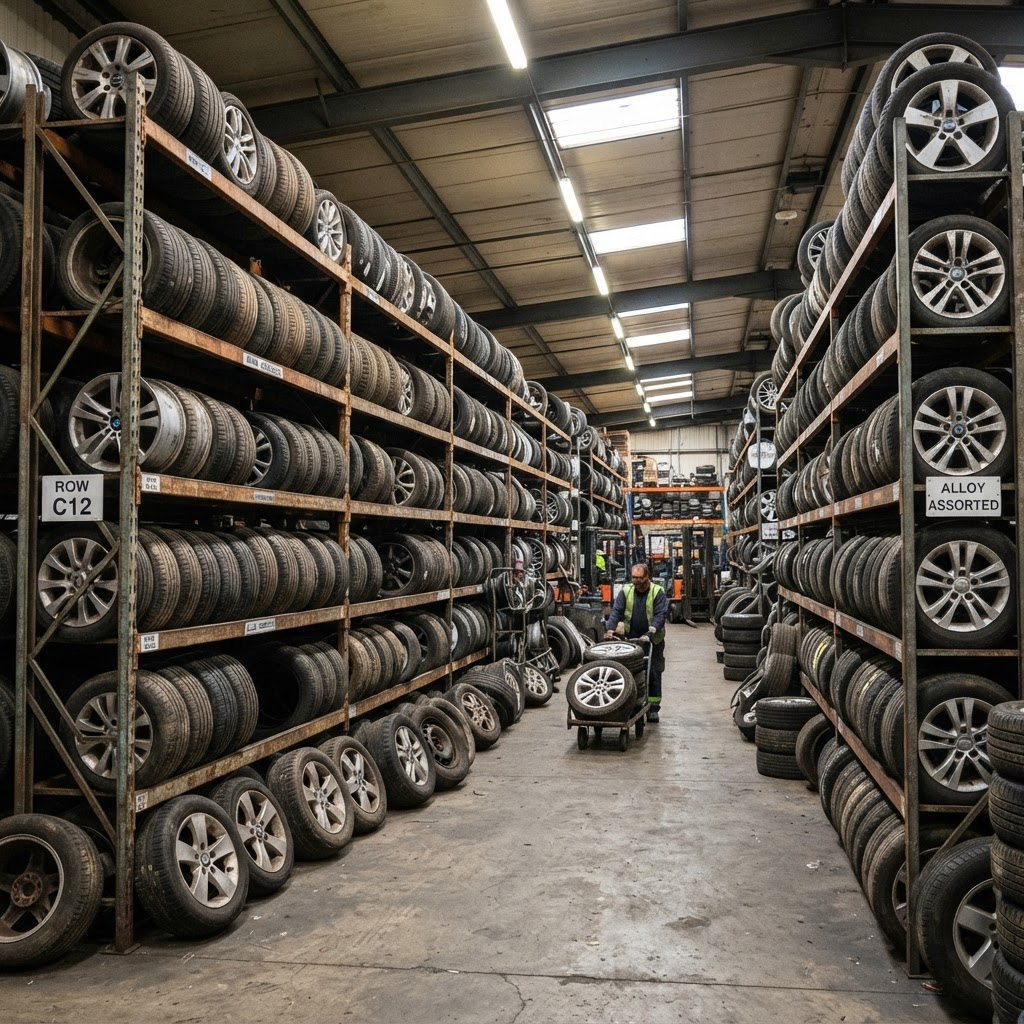 Rows of used alloy wheels and tires on shelving in a Used Auto Nation warehouse