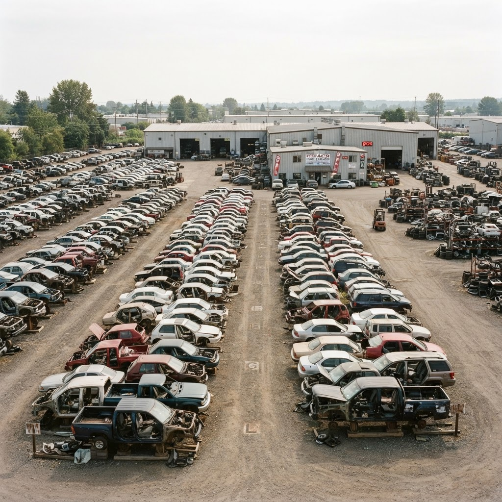 Rows of salvage vehicles at a Used Auto Nation warehouse