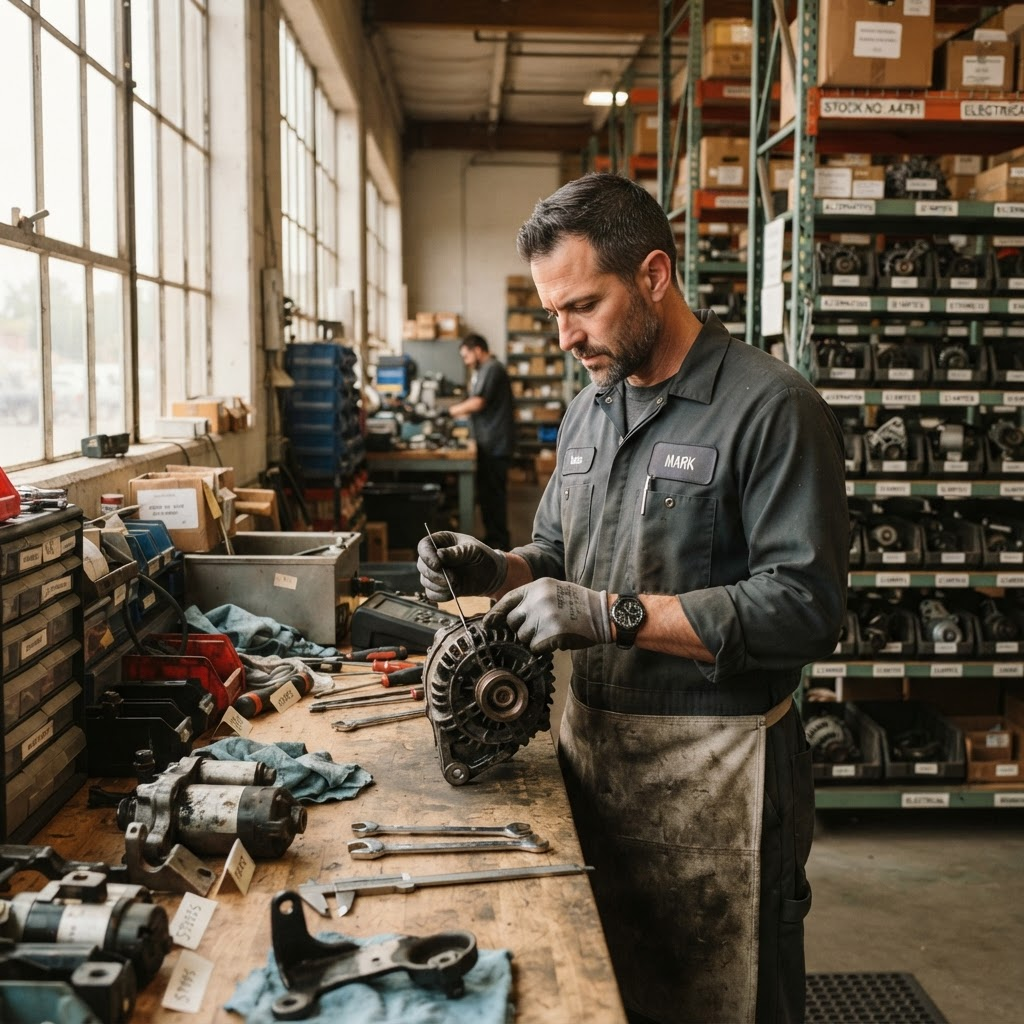 Technician inspecting a used part on a workbench in the warehouse